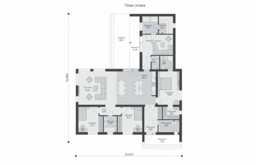 Одноэтажный дом c кухней-гостиной, парилкой и тремя спальнями
